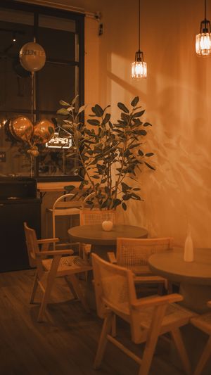 Cozy restaurant interior with wooden chairs, hanging pendant lights, and potted plants in warm amber lighting.
