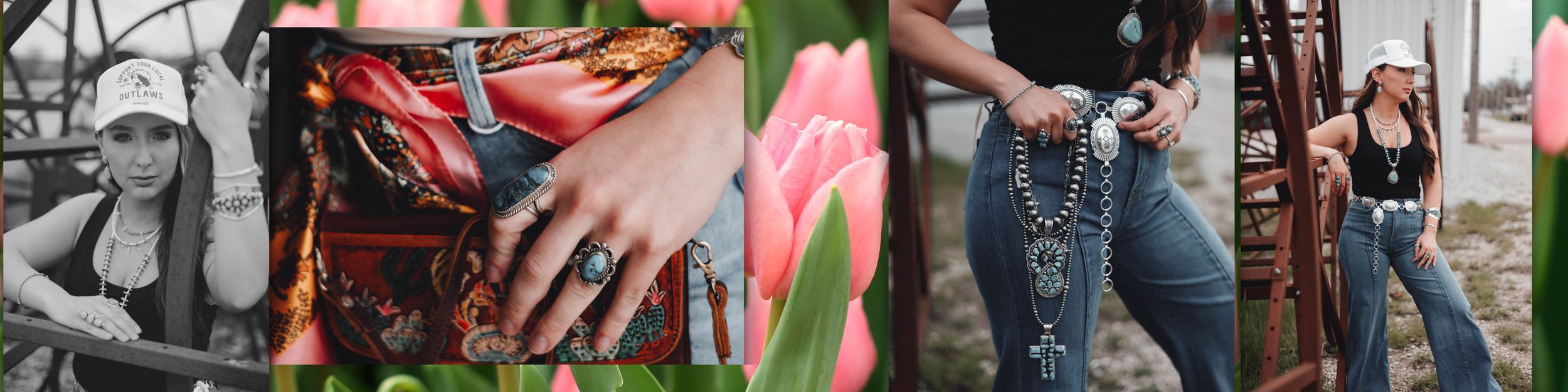 Collage showing a vintage engagement ring, pink flower petals on skin, and couple holding hands in denim.