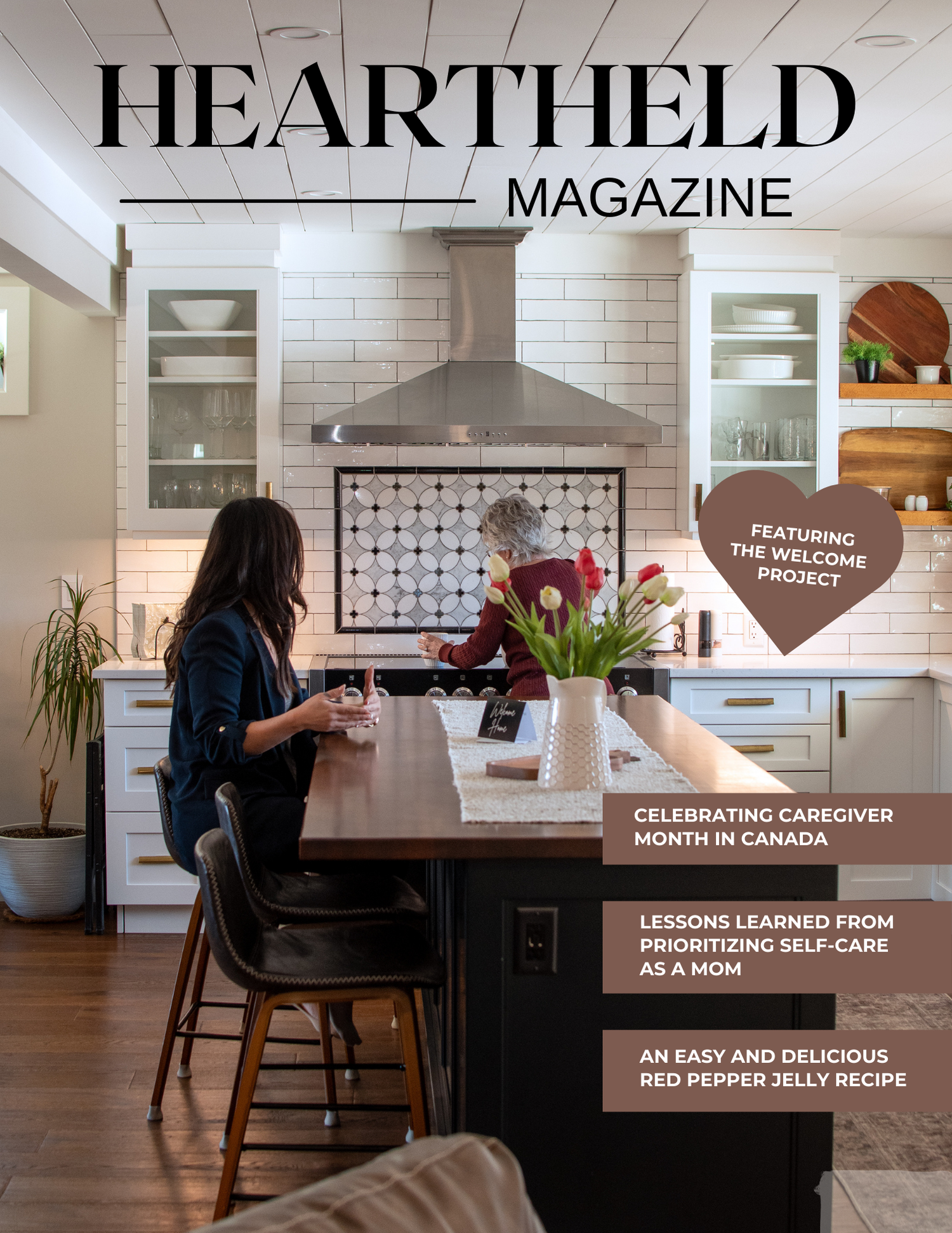 A kitchen interior featured on Heartheld Magazine cover with white subway tile backsplash and modern wood counter setup.