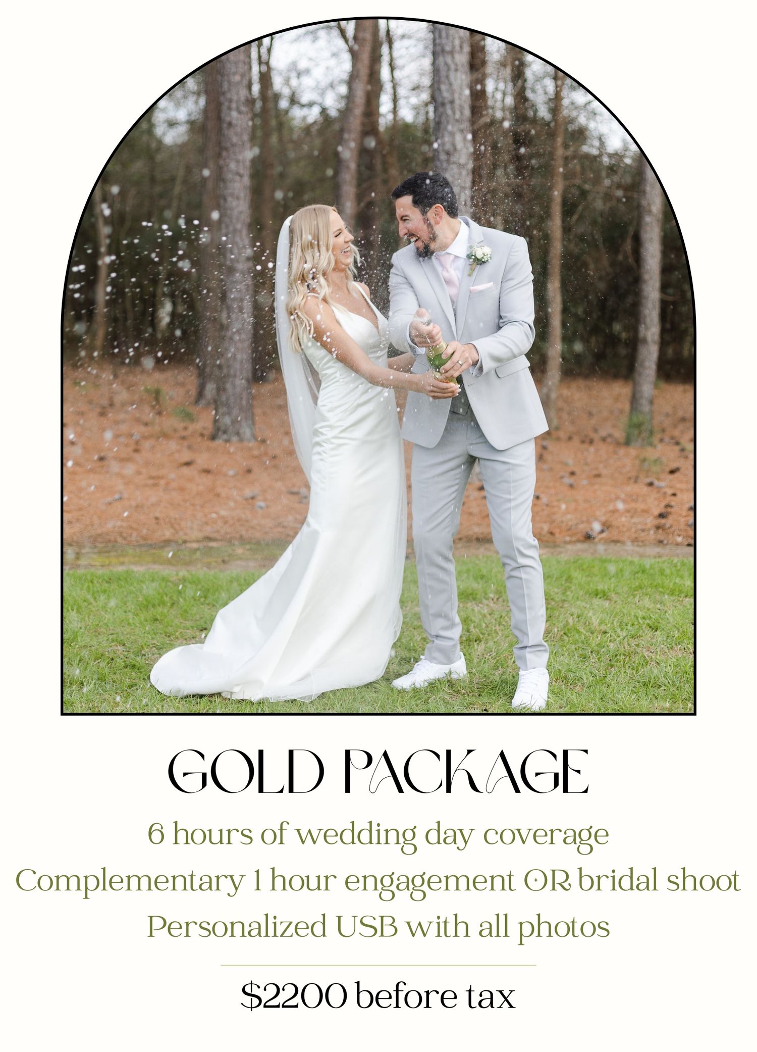 Gold package includes 6 hours of coverage, complementary engagement or bridal shoot, and a personalized USB