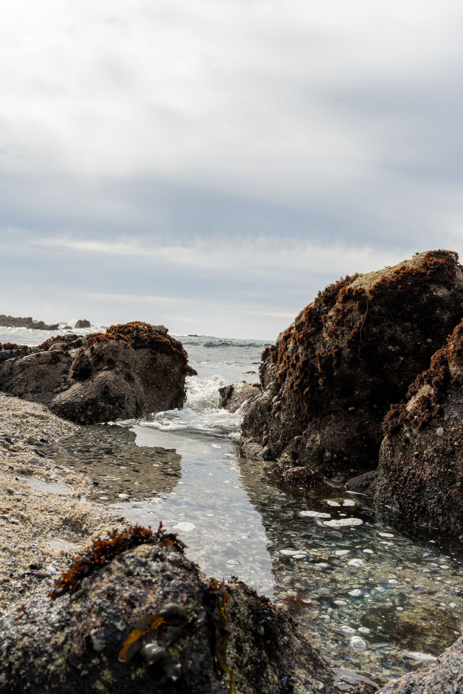 Rocky coastal inlet with seawater flowing between rugged rock formations under cloudy skies.