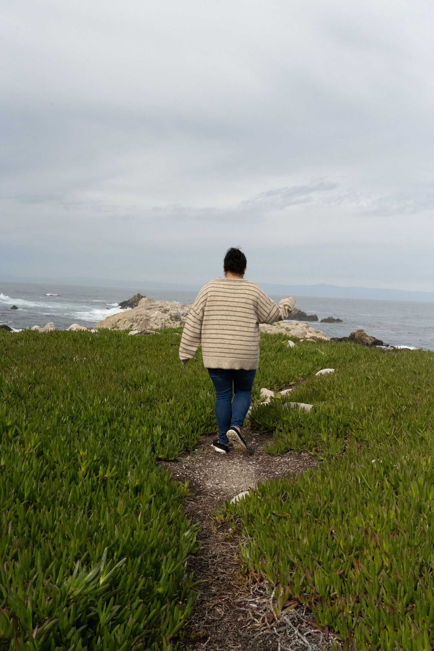 Figure walking on coastal trail through green grass overlooking rocky ocean shore.