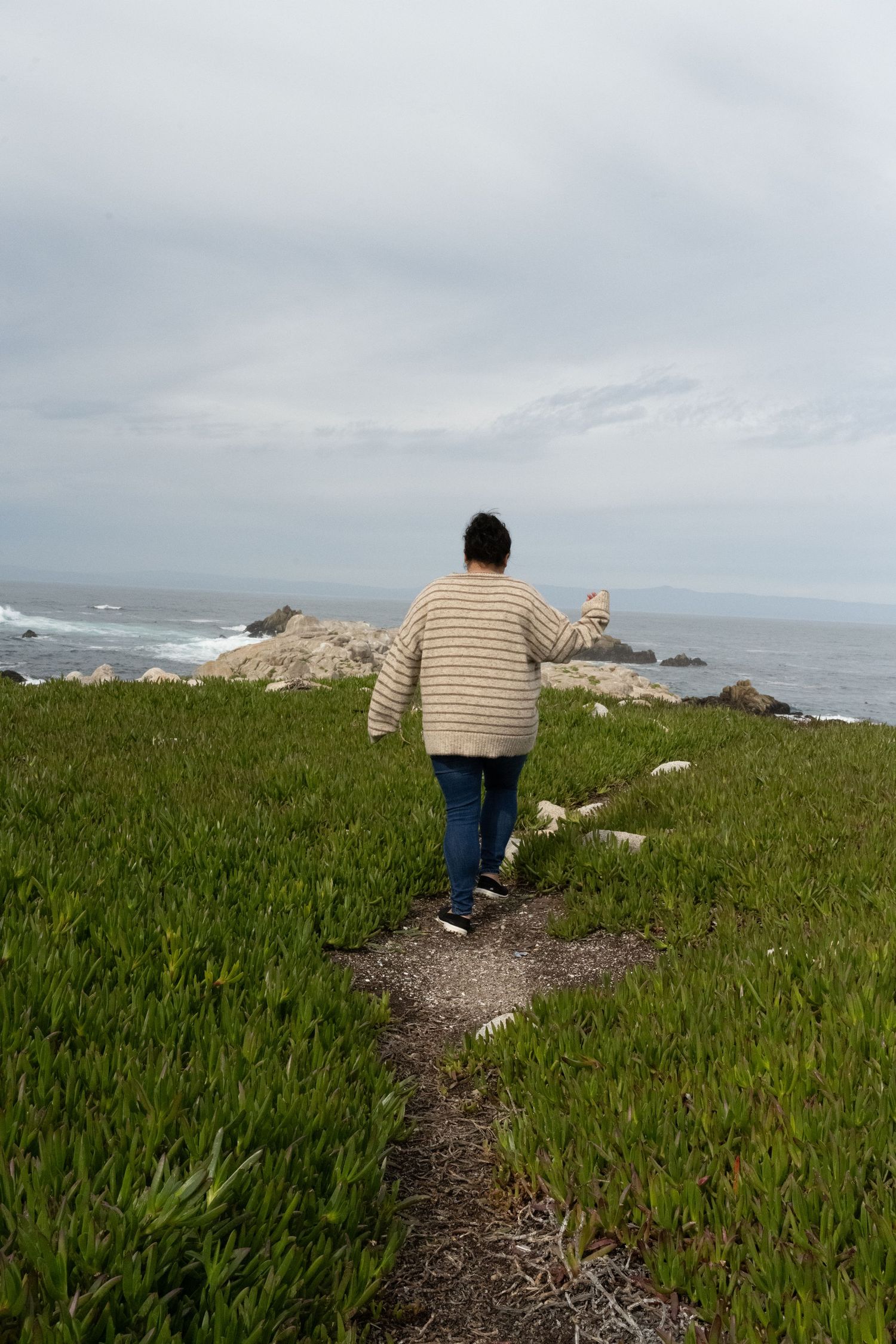 Person walking along grassy coastal path overlooking rocky ocean views.