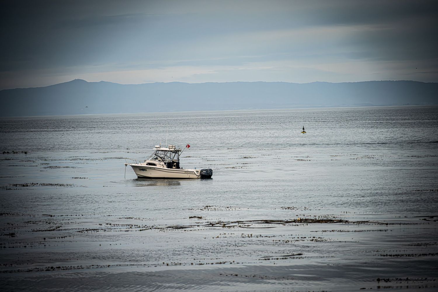 A small boat navigates across a misty gray ocean with mountains in the distance.