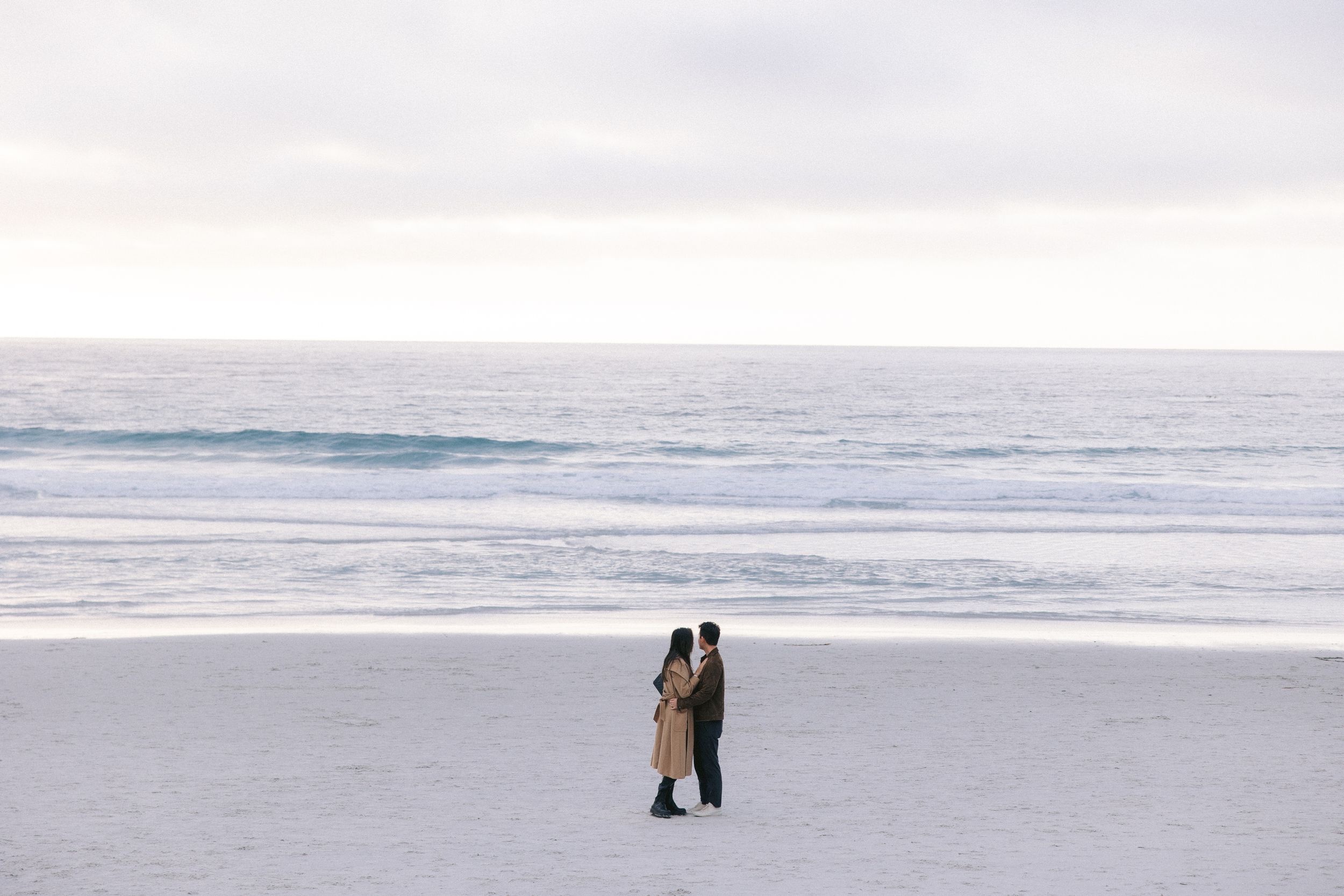 Two figures in warm coats stand together on a snowy winter beach with waves and cloudy sky in the background.