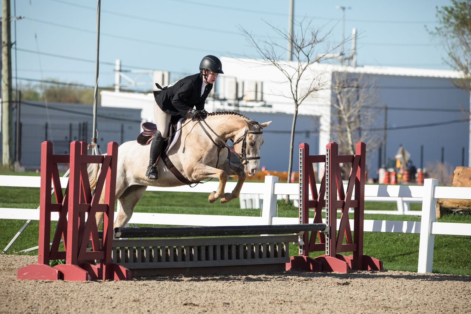 A rider in black attire guides their tan horse over a red show jumping fence during an equestrian competition.