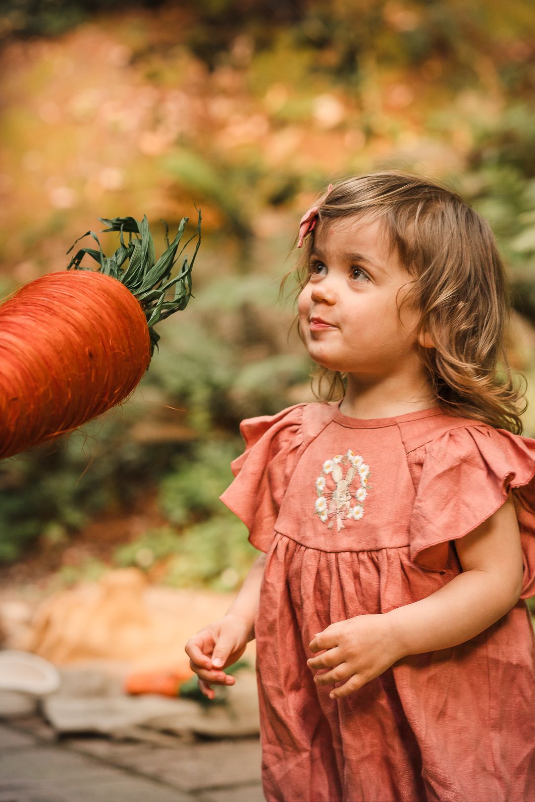 Young child in coral dress admires large orange pumpkin during autumn photoshoot in garden setting. In a redwood forest, Felton, California.