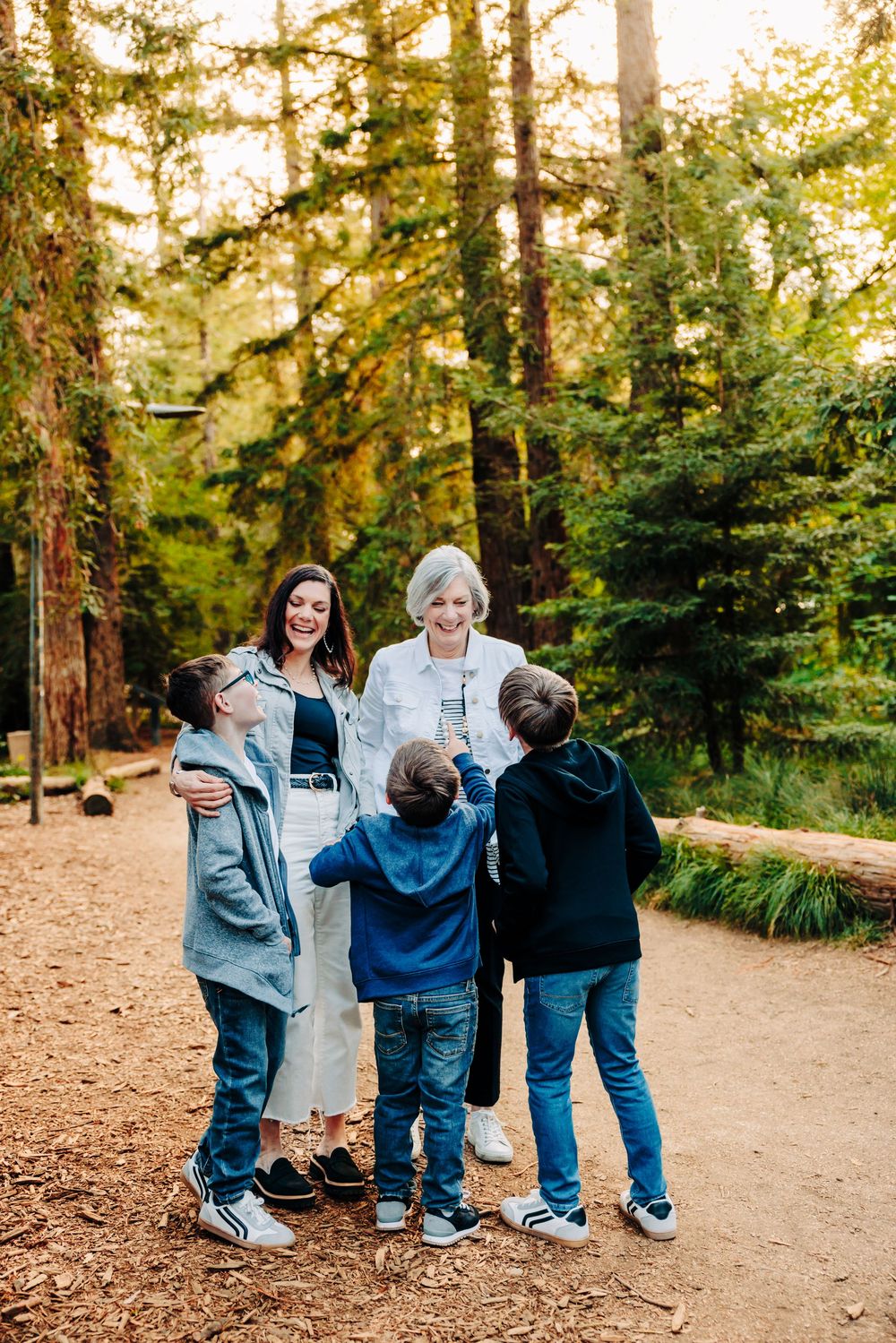 A group enjoying a peaceful walk along a wooded trail surrounded by tall evergreen trees on a sunny afternoon.