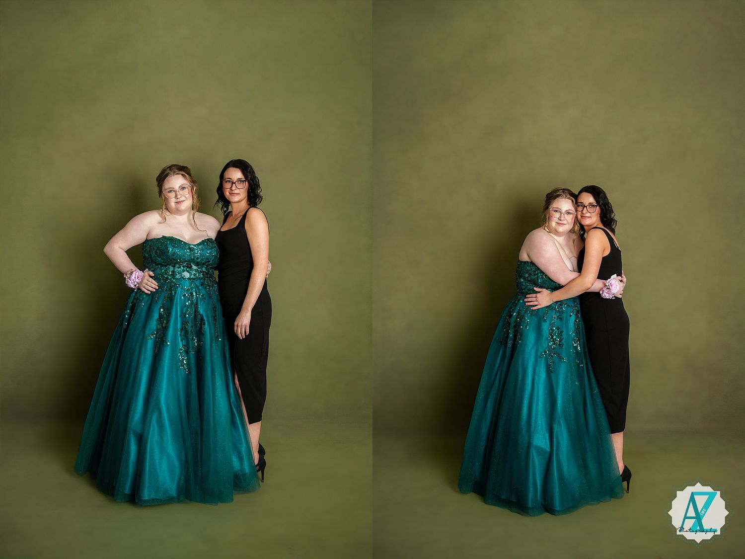 Two people pose together, one wearing an elegant teal ballgown and the other in a classic black dress.