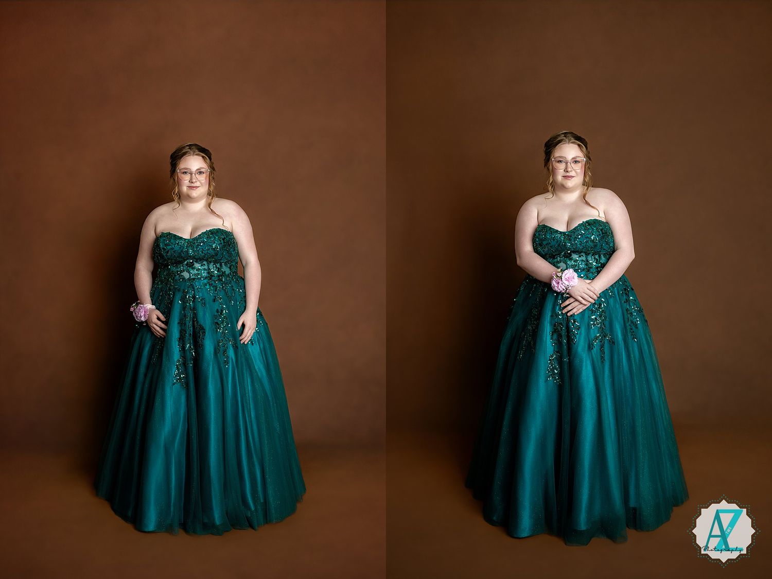 A stunning emerald green strapless ball gown with sequin embellishments and a full tulle skirt photographed against a brown backdrop.
