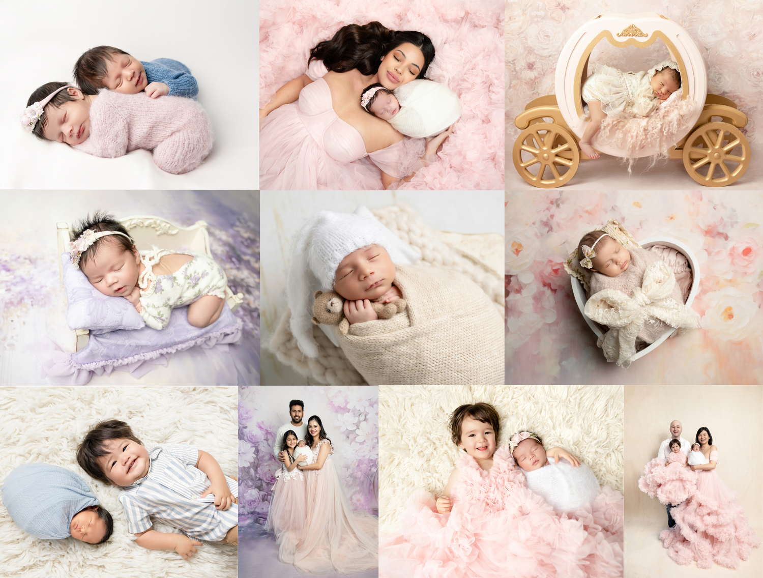 Newborn baby photography collage featuring sleeping infants in soft pink and lavender wraps, props, and family portraits.