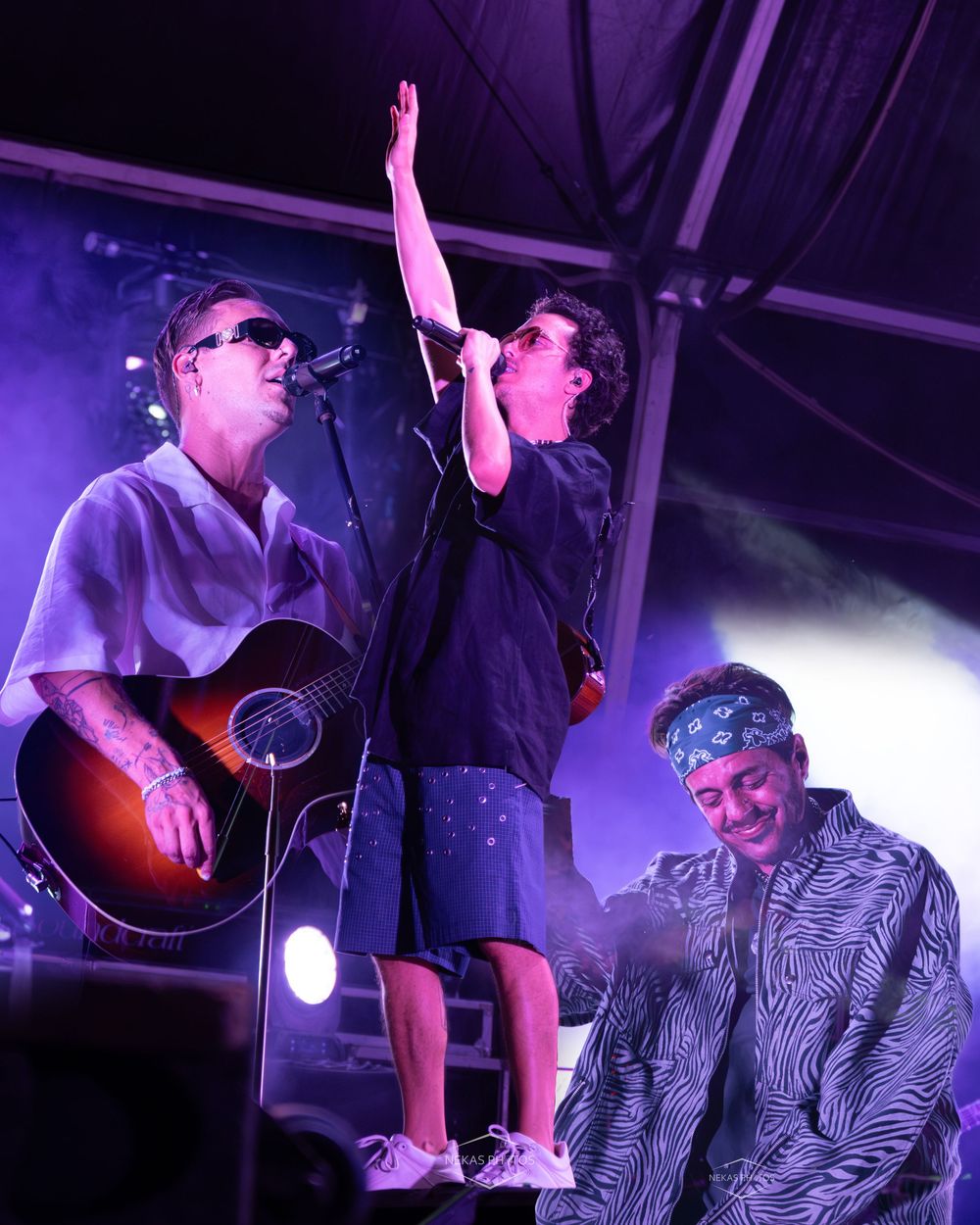 Three musicians performing on a purple-lit stage, one singing with raised arm, one playing acoustic guitar.