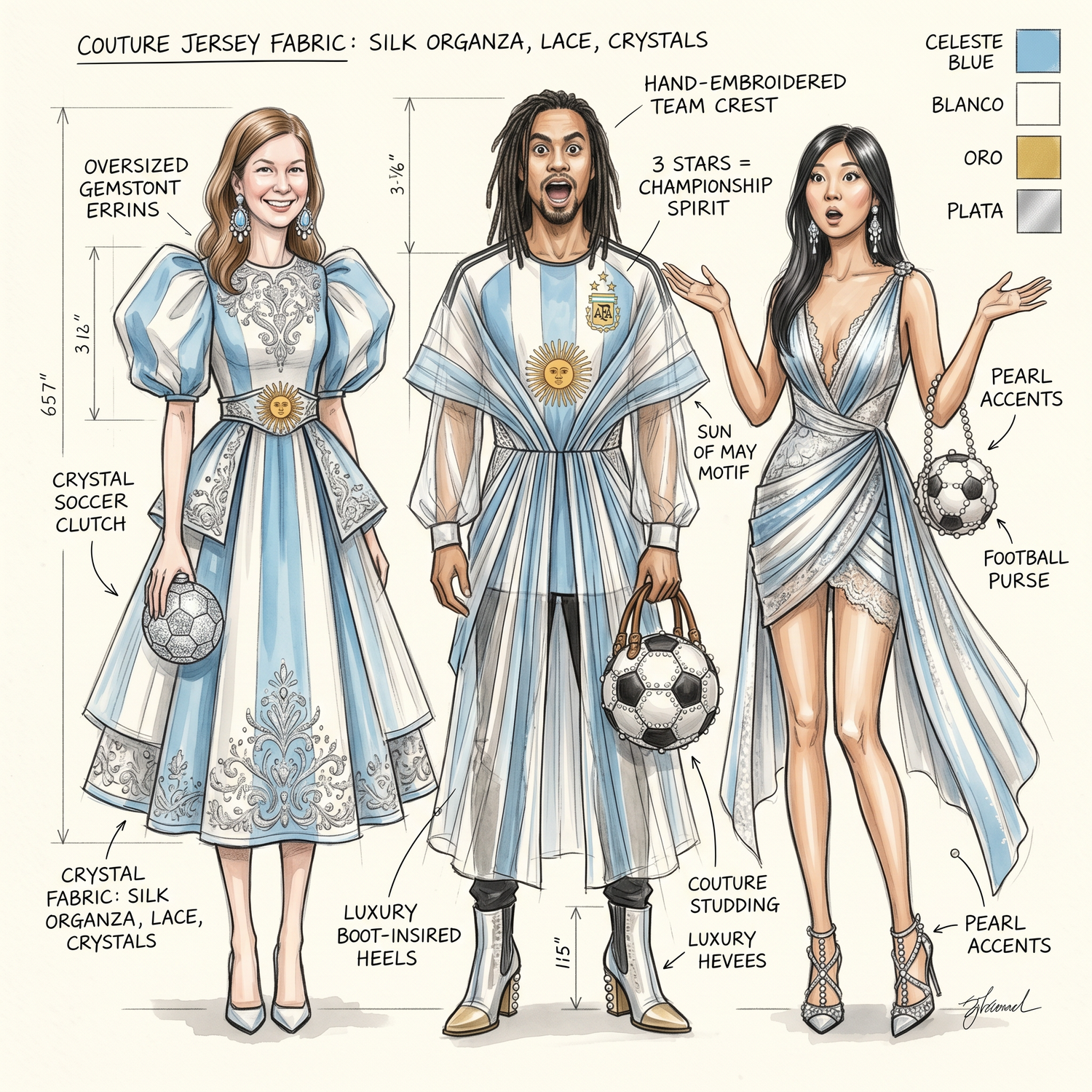 Illustration of three young men in elegant soccer-themed outfits with light blue and white designs and soccer balls in background.