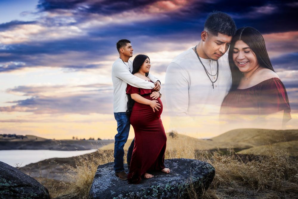 Maternity photo session in a beautifully landscaped lake with some artistic edits in Clovis, CA."