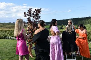 Group of women in colorful dresses socializing outdoors at a vineyard on a sunny day.