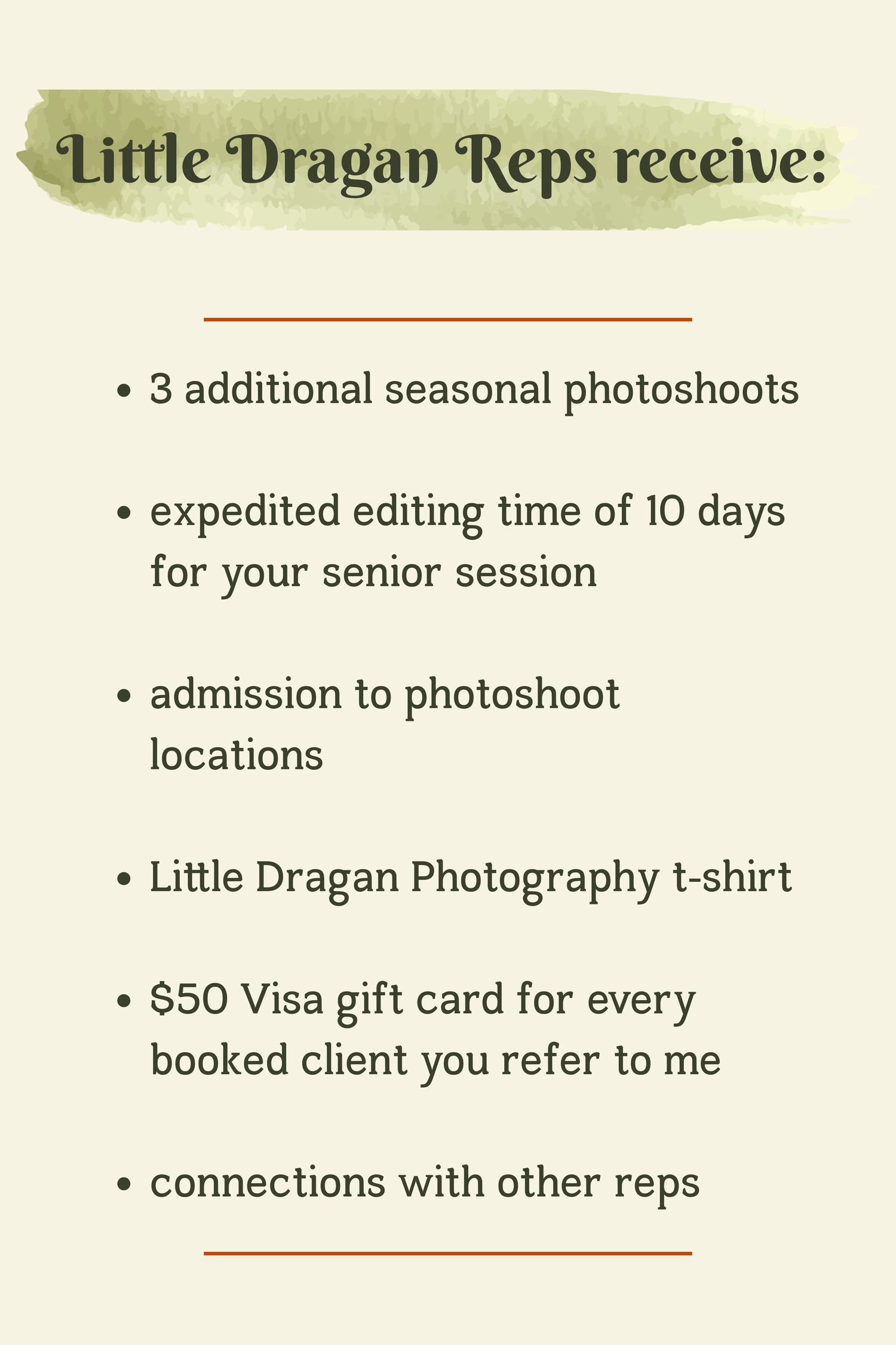 additional seasonal photoshoots expedited editing senior session photos admittance locations t-shirt visa gift card referrals connections