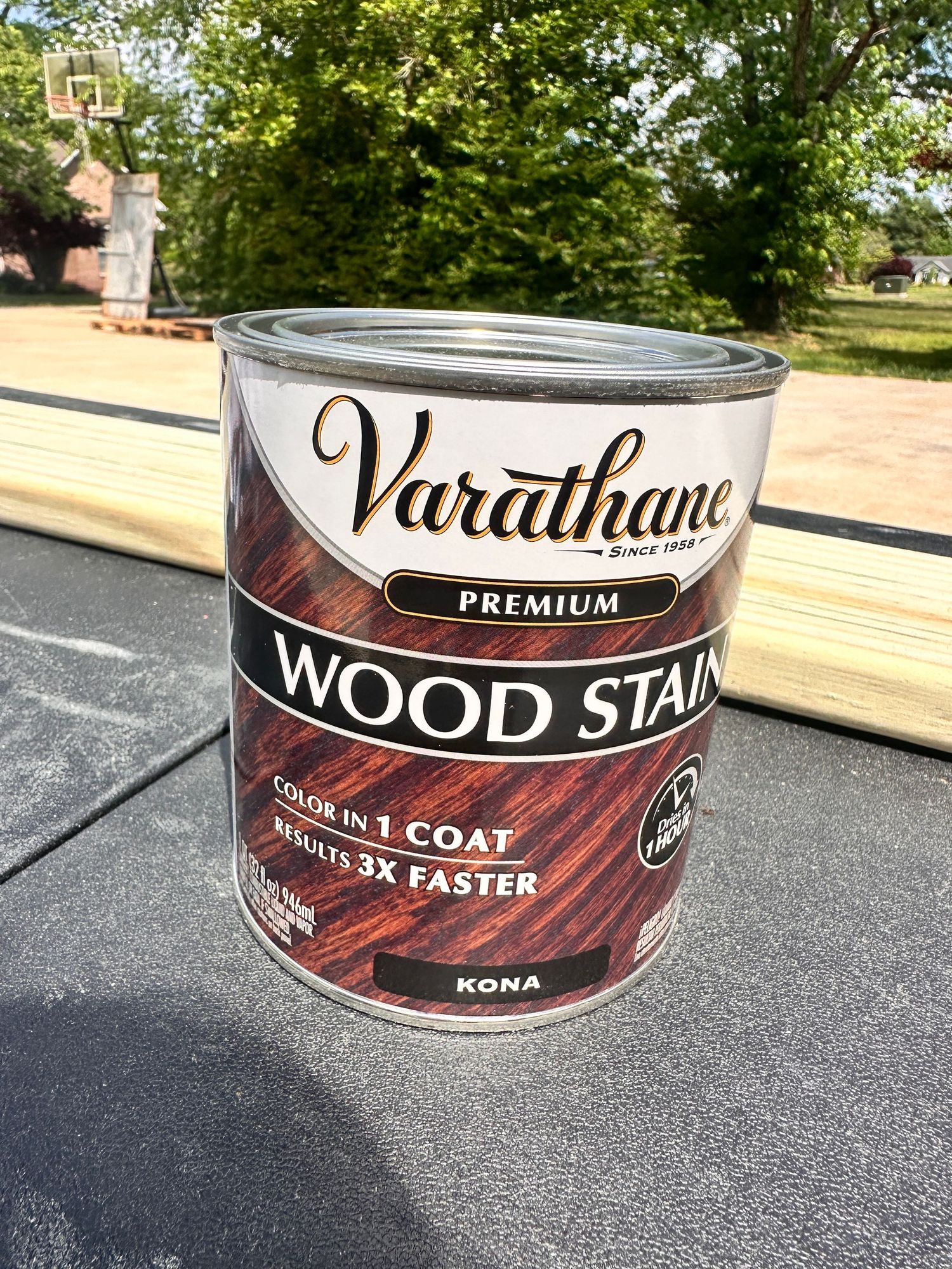 Varathane Premium Wood Stain in Kona color, 1-quart can, color in 1 coat, results 3x faster.
