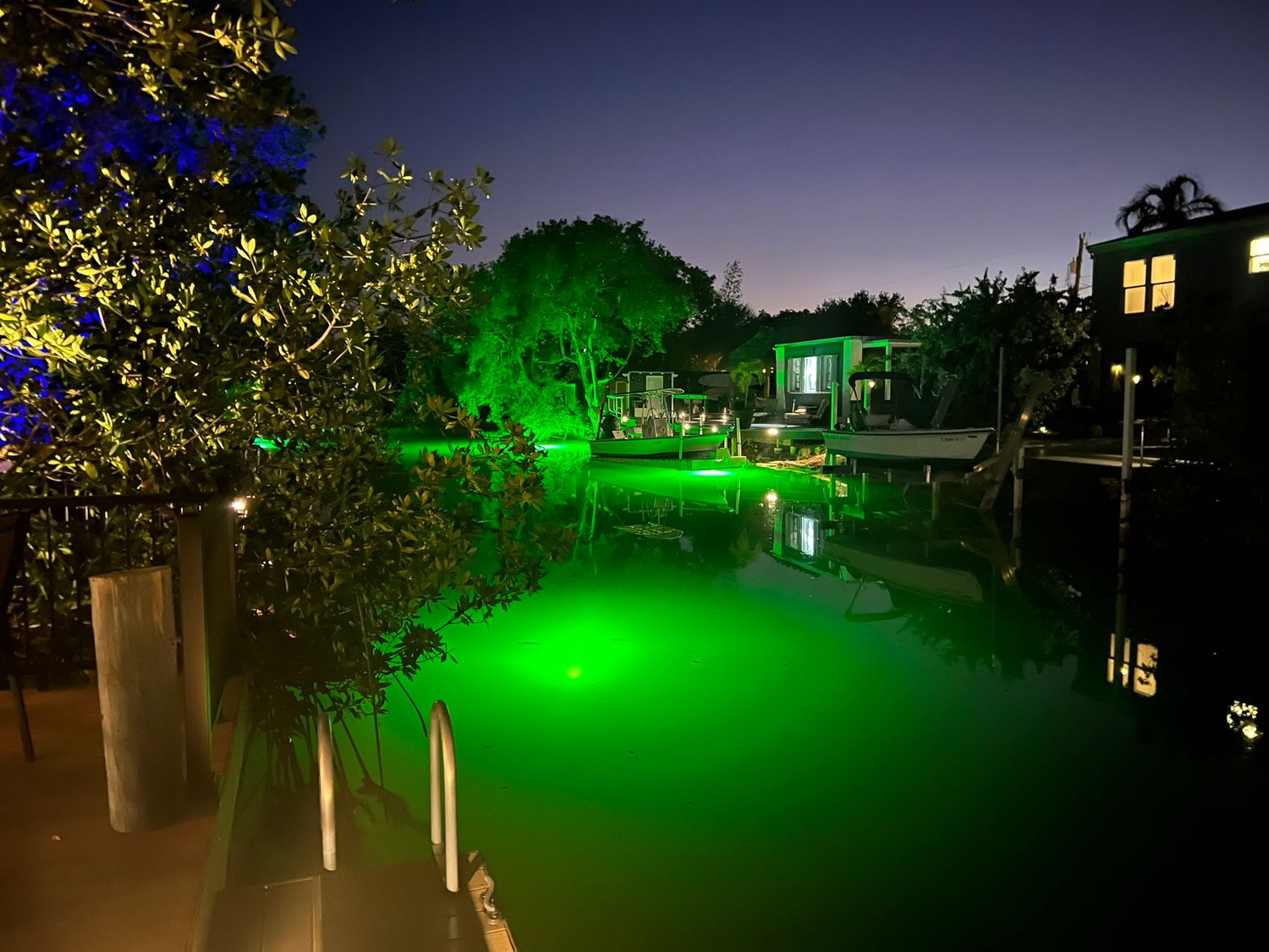 A serene waterway glows with vibrant green underwater lights reflecting on calm water at night in a tropical setting.