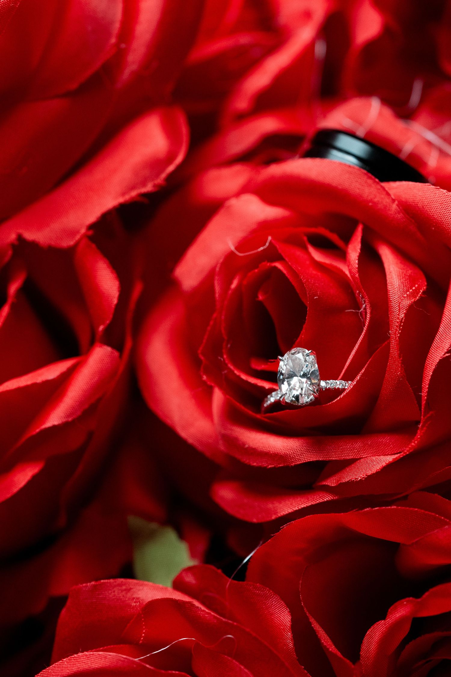 Diamond engagement ring nestled among vibrant red roses, symbolizing love and romance. Deerfield Golf Club Newark De