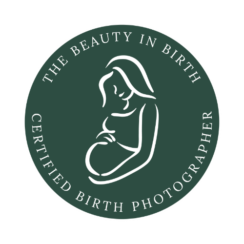 The Beauty in Birth certified birth photographer seal with pregnant woman silhouette on green background.