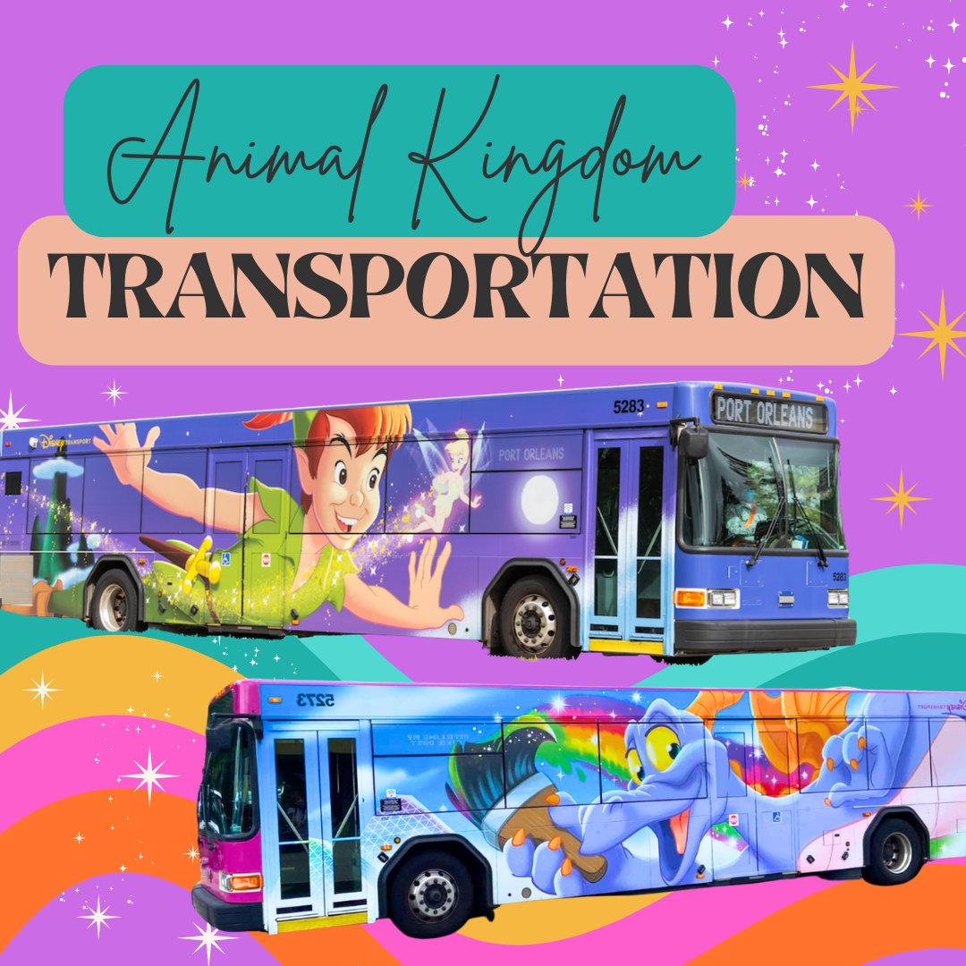 Colorful illustration of Disney transportation buses with playful character designs and magical elements.