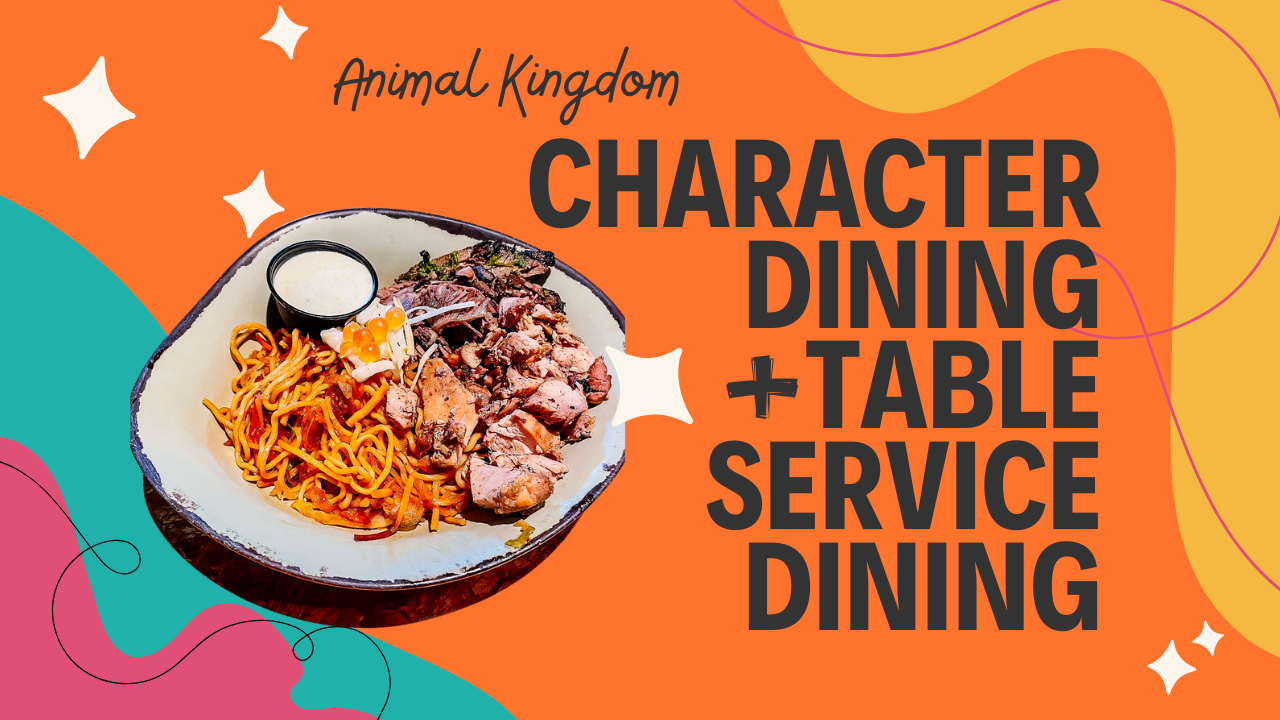 Restaurant promotion showing plated meat and noodles dish with text about character dining options.