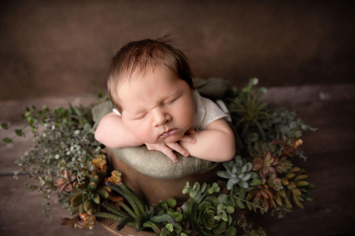 Sleeping newborn baby posed in a green bowl surrounded by lush succulents and flowers on a brown backdrop. Newborn Photographer Cork