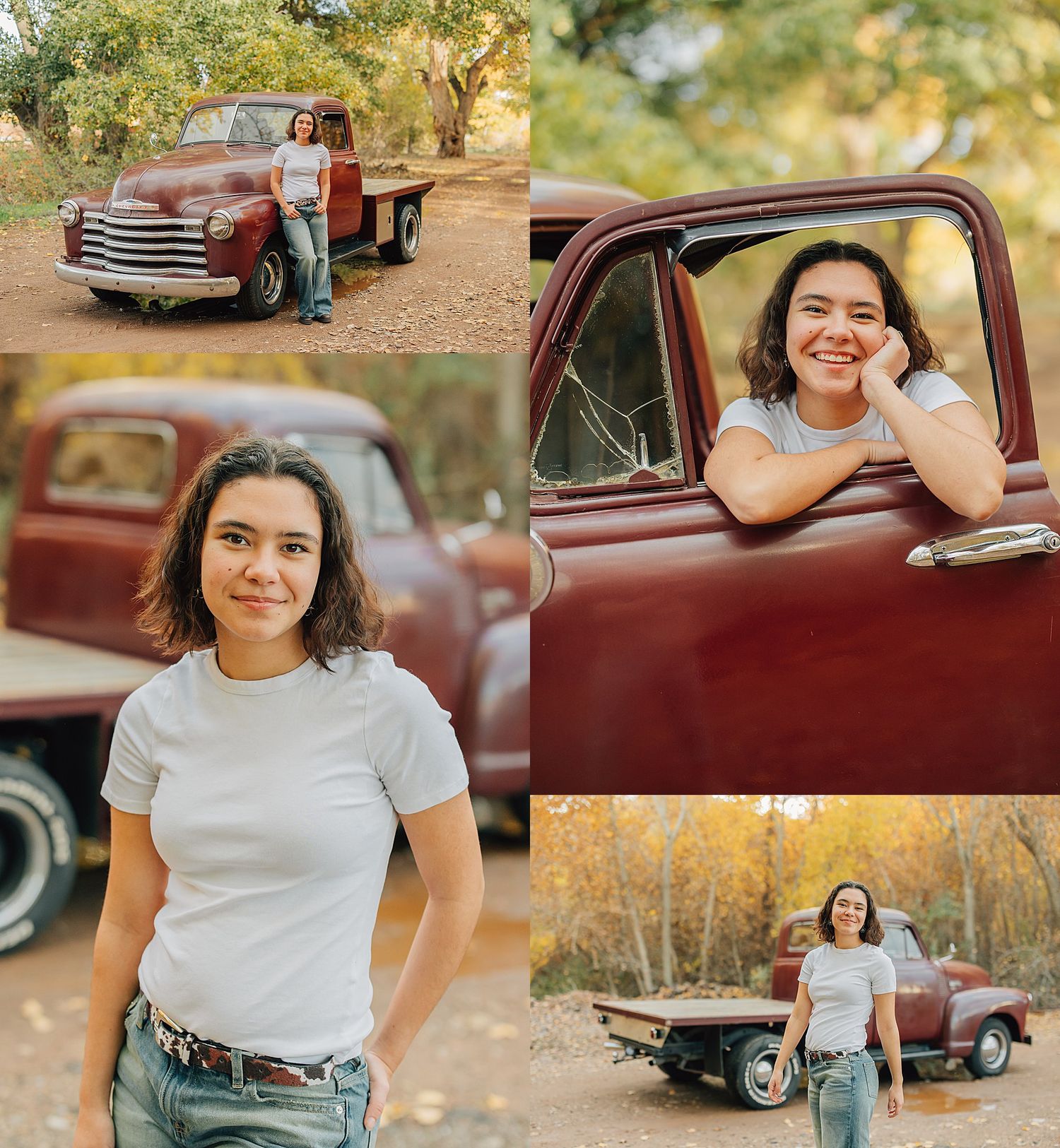 Young woman in white tee and jeans poses with vintage red Chevrolet flatbed truck outdoors.