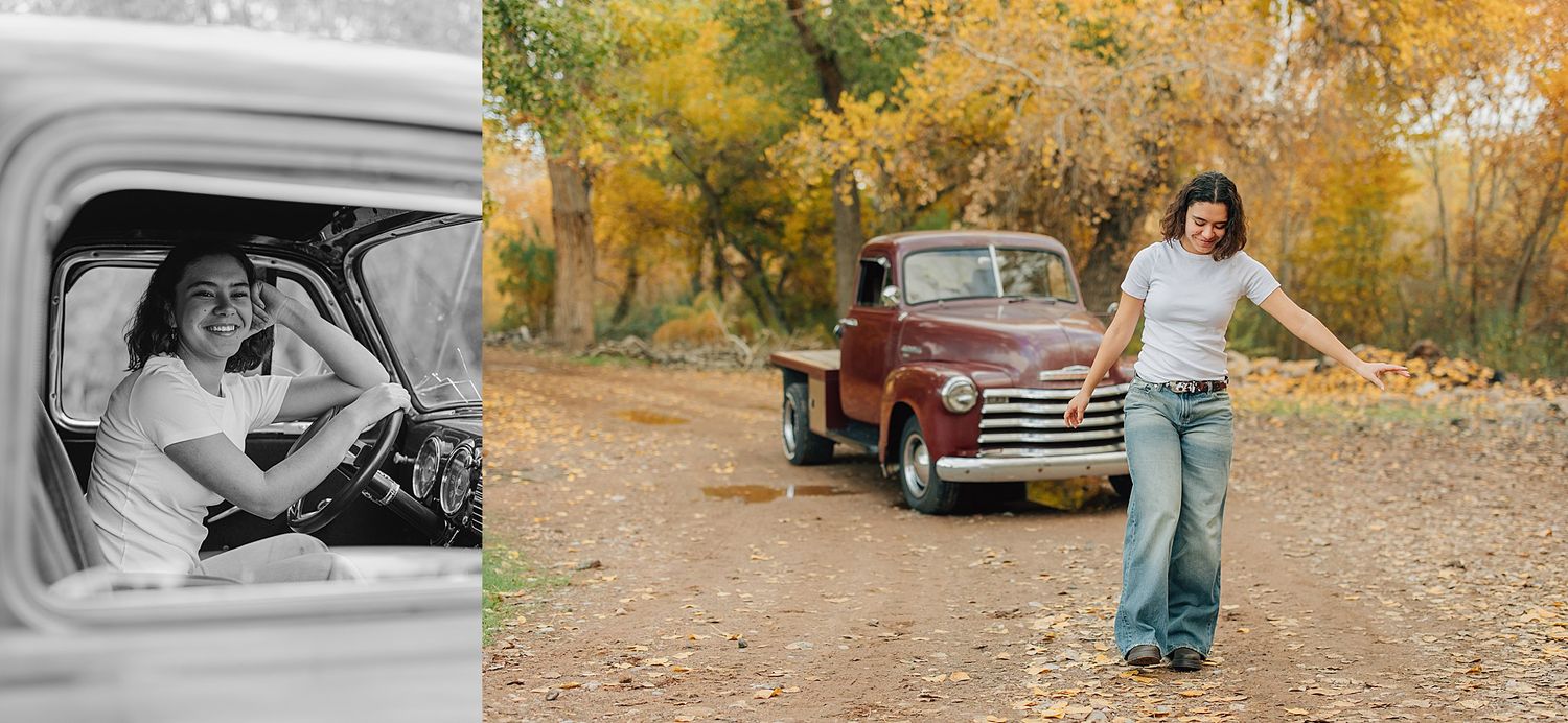 Young woman poses beside and drives classic red Chevy pickup truck on fall dirt road.