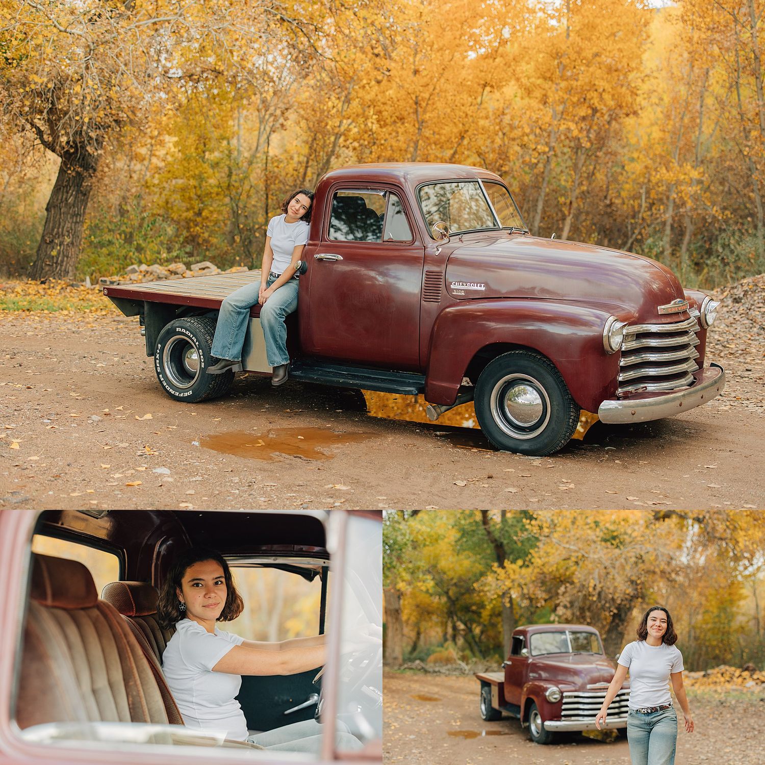 Woman posing with a vintage red Chevrolet truck among golden autumn trees in a rustic outdoor photo collage.
