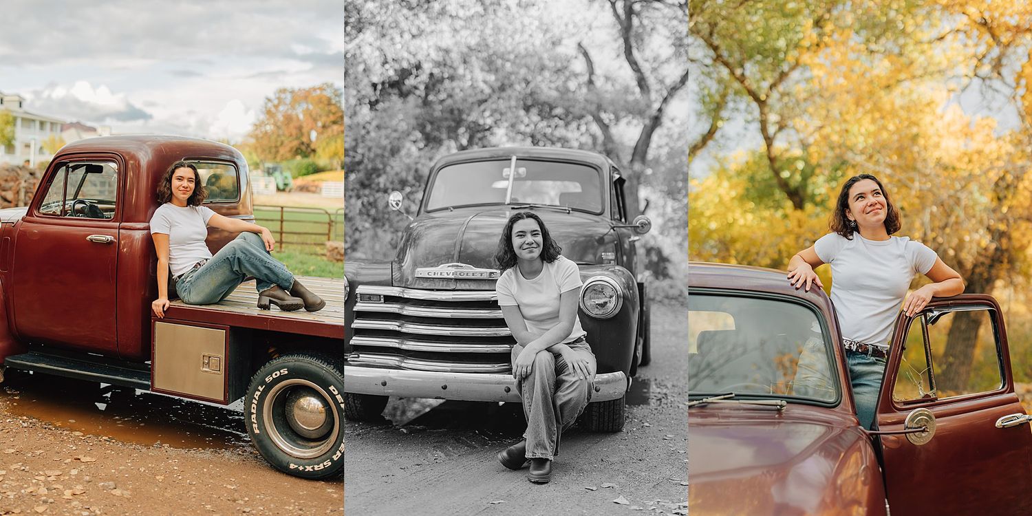 Woman posing with a vintage red truck in autumn, shown in three photos including a black and white version outdoors.