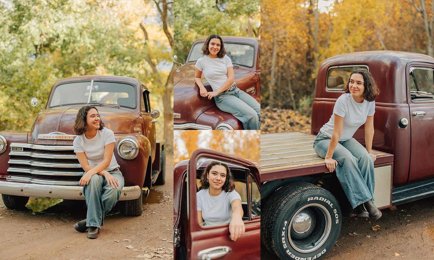 Young woman poses with vintage red Chevrolet pickup truck surrounded by autumn foliage.