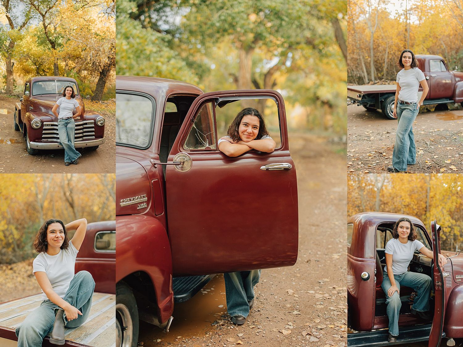 Collage of a young woman posing with a vintage red truck in an autumn forest setting, wearing jeans and a white tee.
