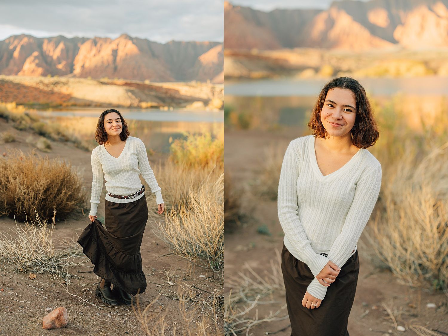 Woman in white sweater and dark skirt poses near desert lake with mountain backdrop at golden hour.