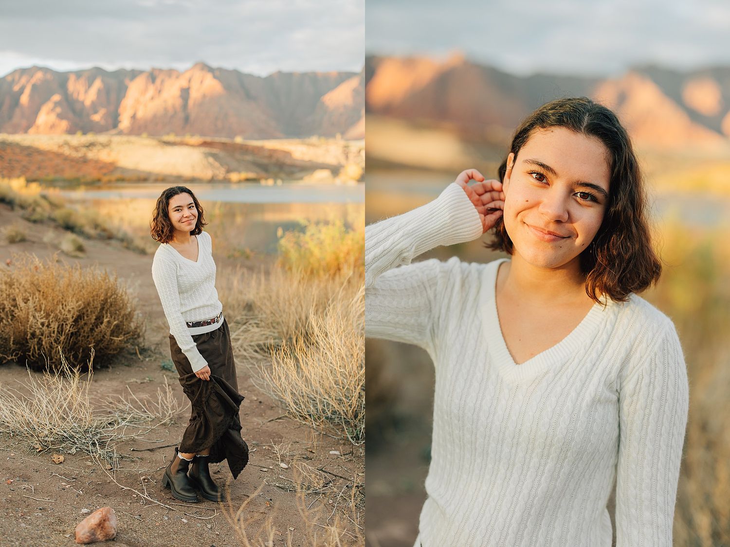 Young woman in white sweater poses near desert lake with red rock mountains at golden hour.
