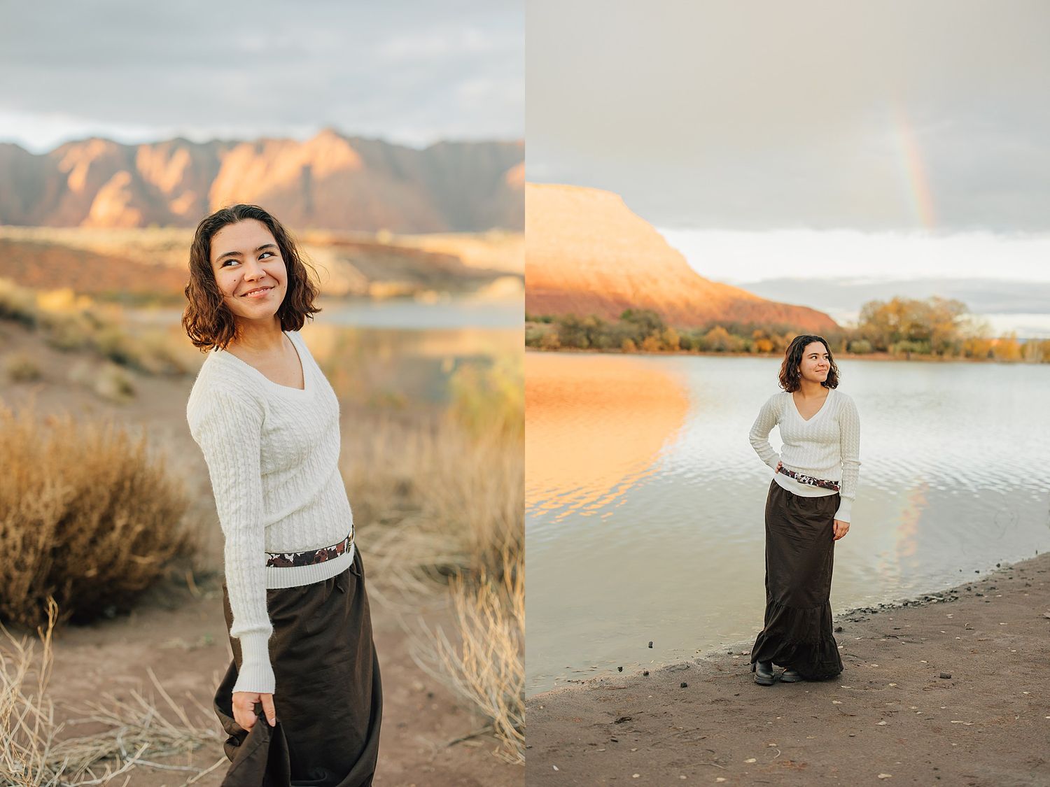 Woman smiling outdoors near a lake with mountain backdrop and golden autumn tones in a white sweater and dark skirt.