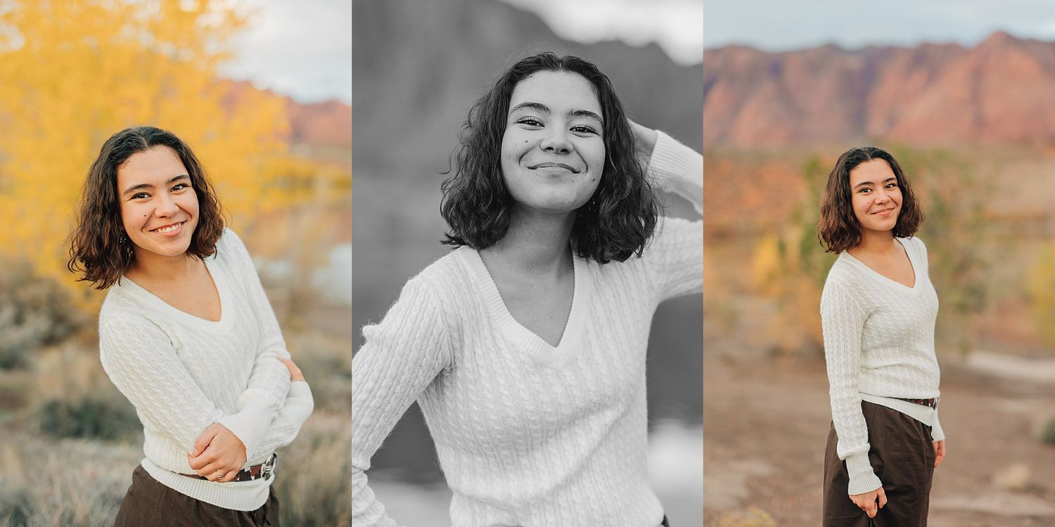 Young woman smiling in autumn outdoor portrait session with colorful fall foliage and mountain backdrop.