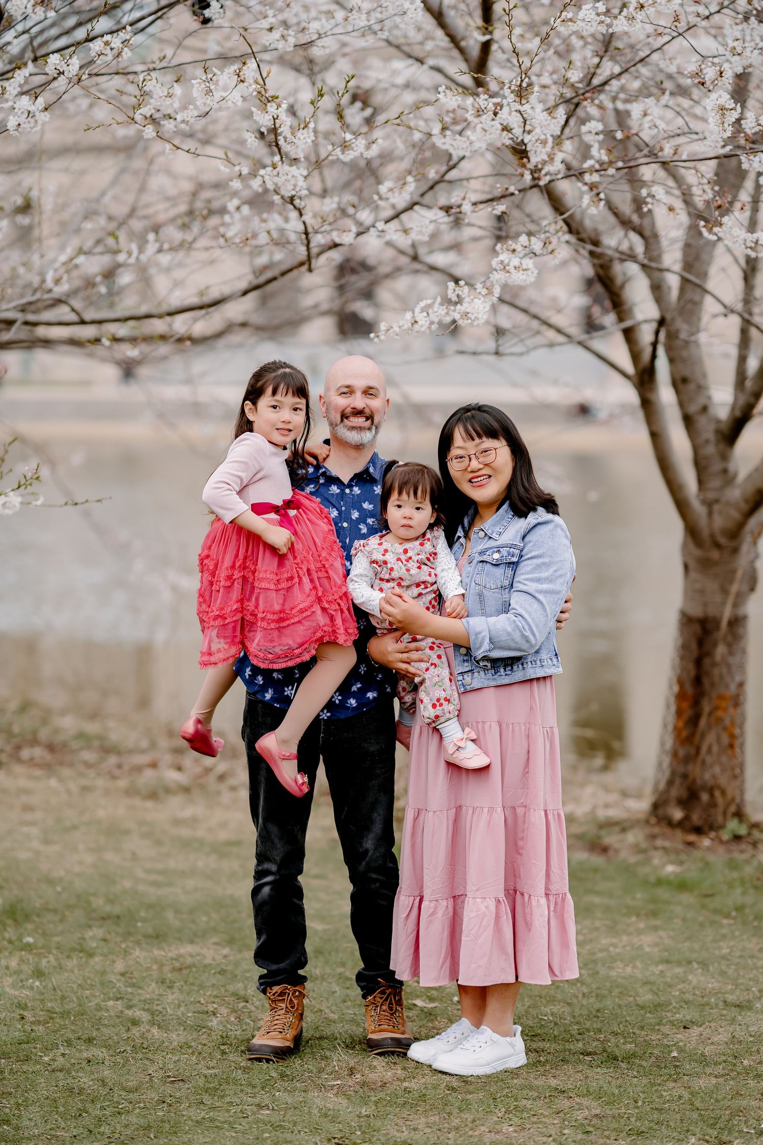 Family of four posing under blooming cherry blossom trees near a lake, parents holding two young daughters in pink dresses.