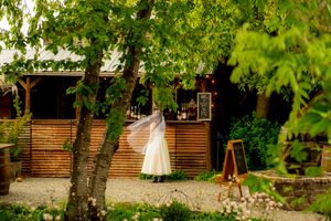 Wedding dress hangs on display among green trees outside rustic wooden building.