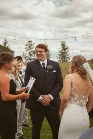 A candid sequence of moments from a wedding celebration showing joyful interaction between the wedding couple and guests.