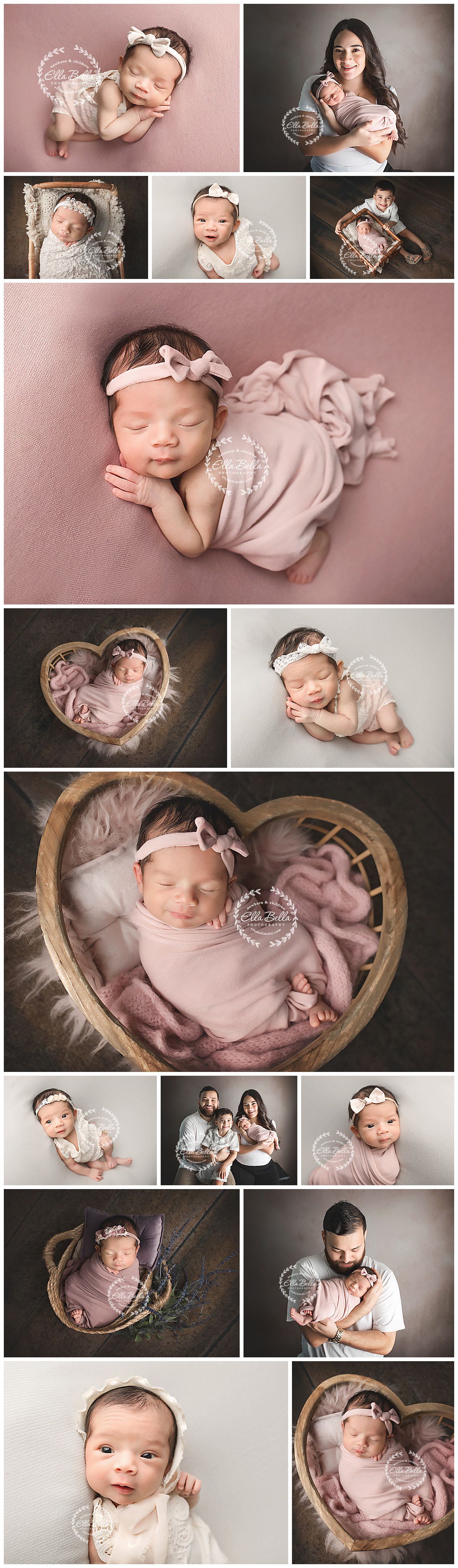 Professional newborn photography collage featuring soft pink tones, heart-shaped baskets, and delicate white accessories in studio setting.