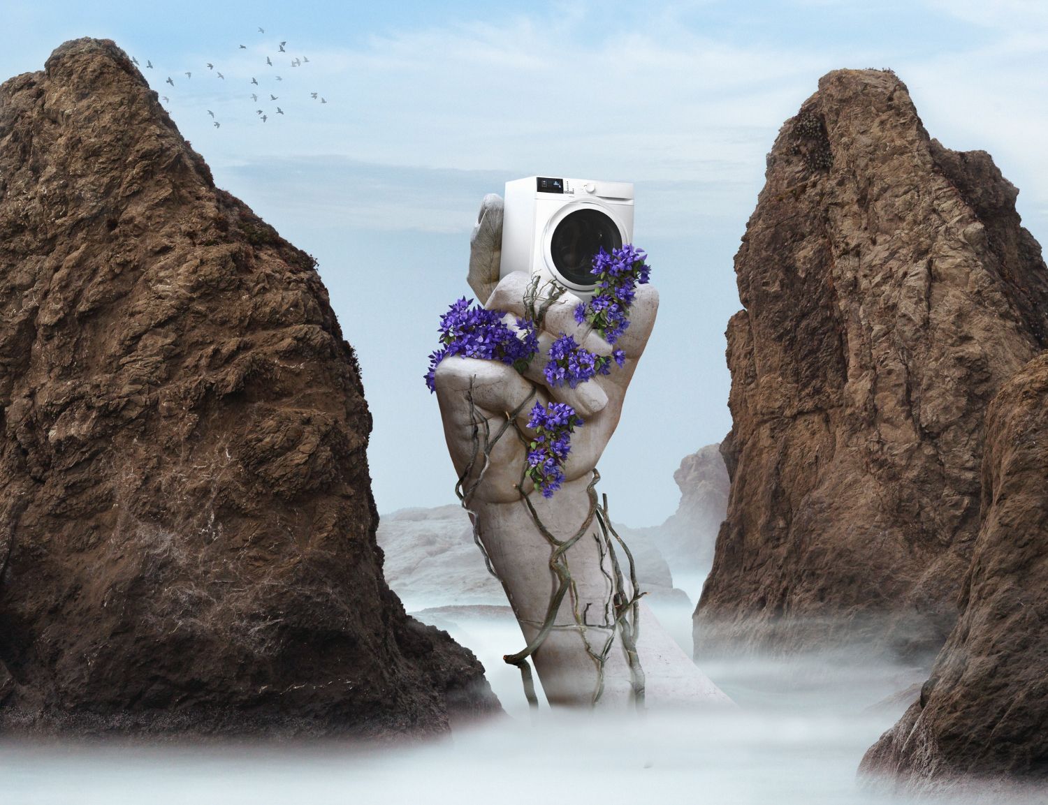 Surreal digital art of an astronaut with purple flowers standing between rocky mountain peaks in misty atmosphere.