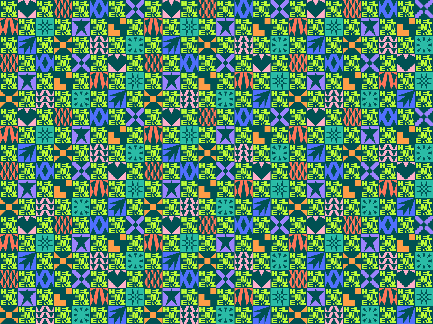 Colorful digital mosaic pattern with geometric shapes in blue, green and yellow creating a repeating pixel design.