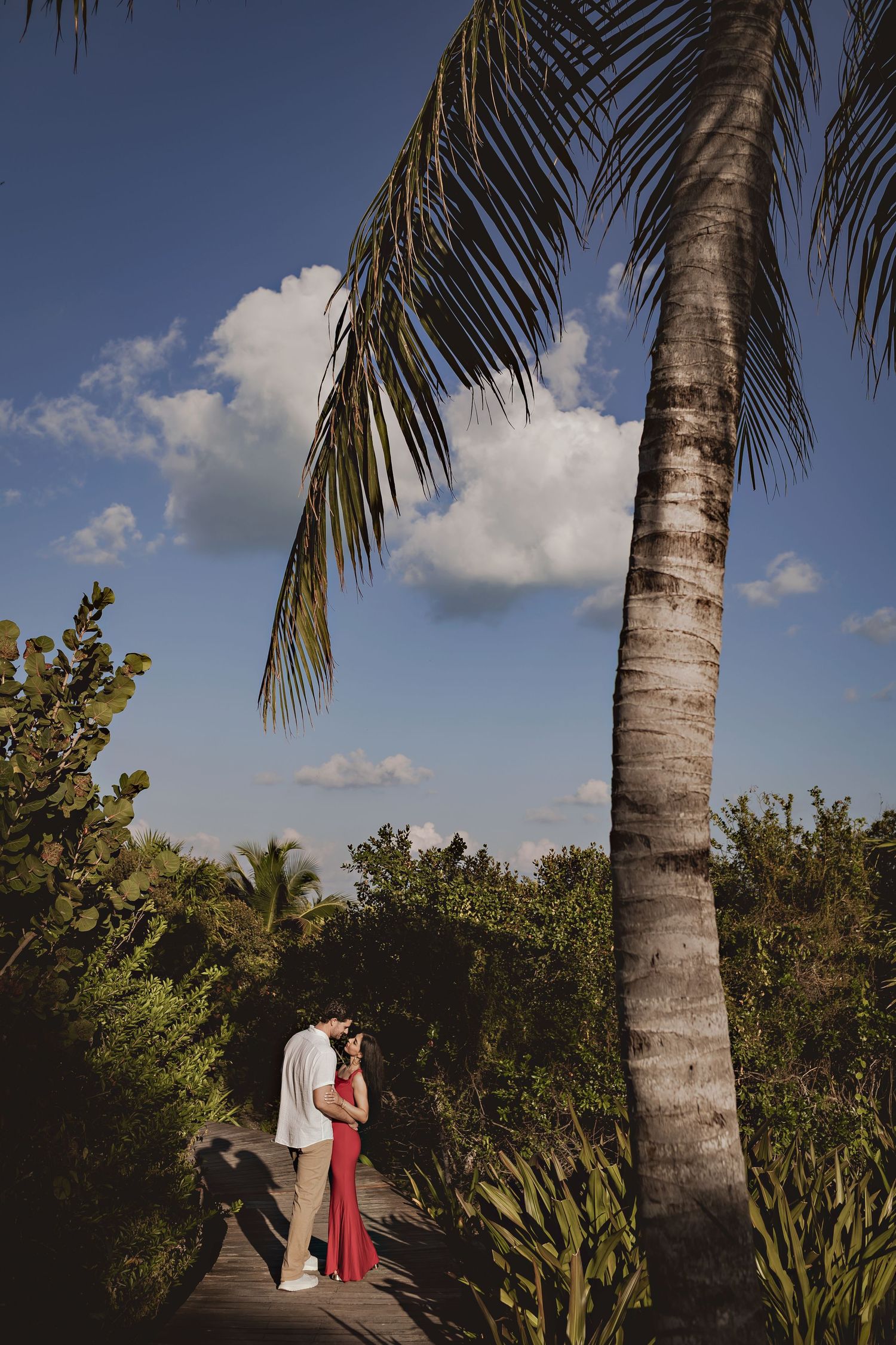 A series of romantic sunset photos under palm trees showing a couple in formal attire walking along a tropical path.