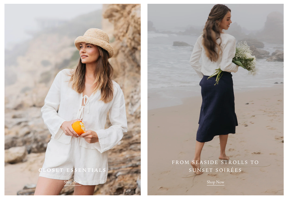 Beachwear lifestyle photos showcasing white and navy summer outfits with casual feminine styling.