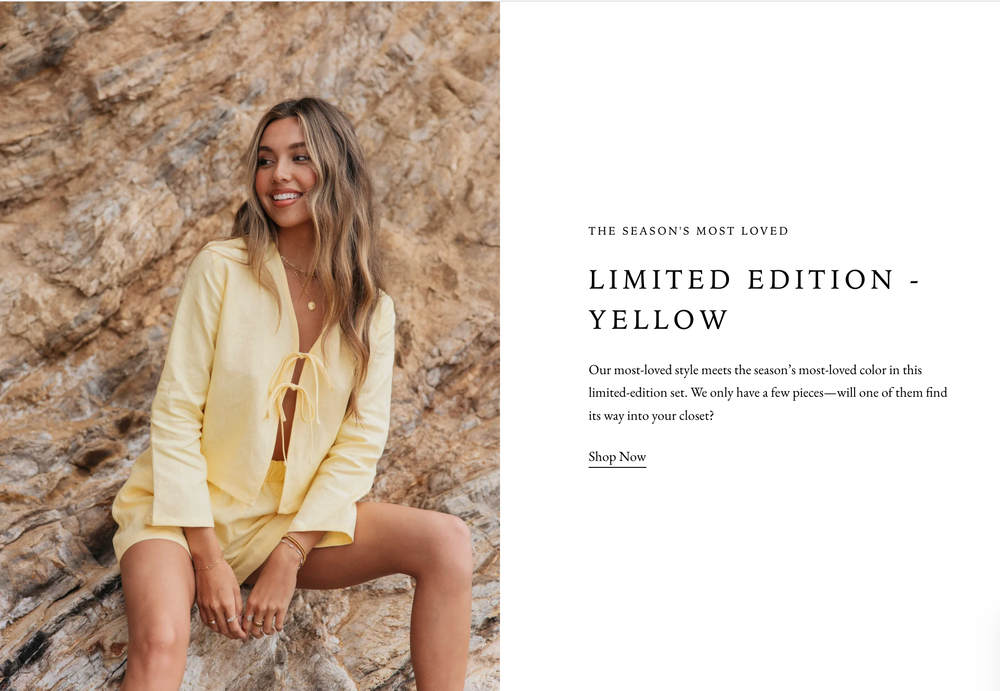 Yellow short set fashion photography against textured stone wall shows loungewear summer collection.