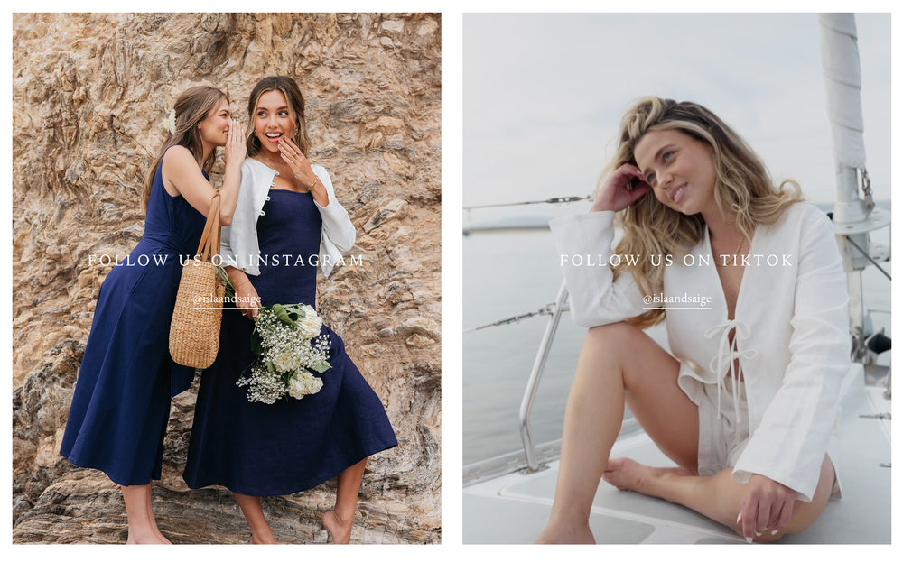 Collection of coastal lifestyle imagery featuring casual summer outfits in white and navy tones.