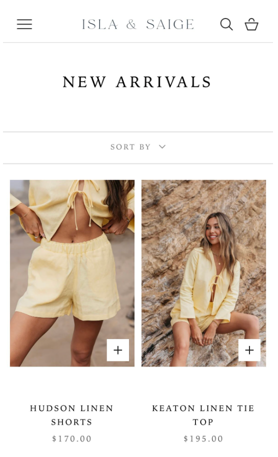Isla & Saige boutique website showing new arrivals section with Hudson linen shorts and Keaton linen tie top in pale yellow.