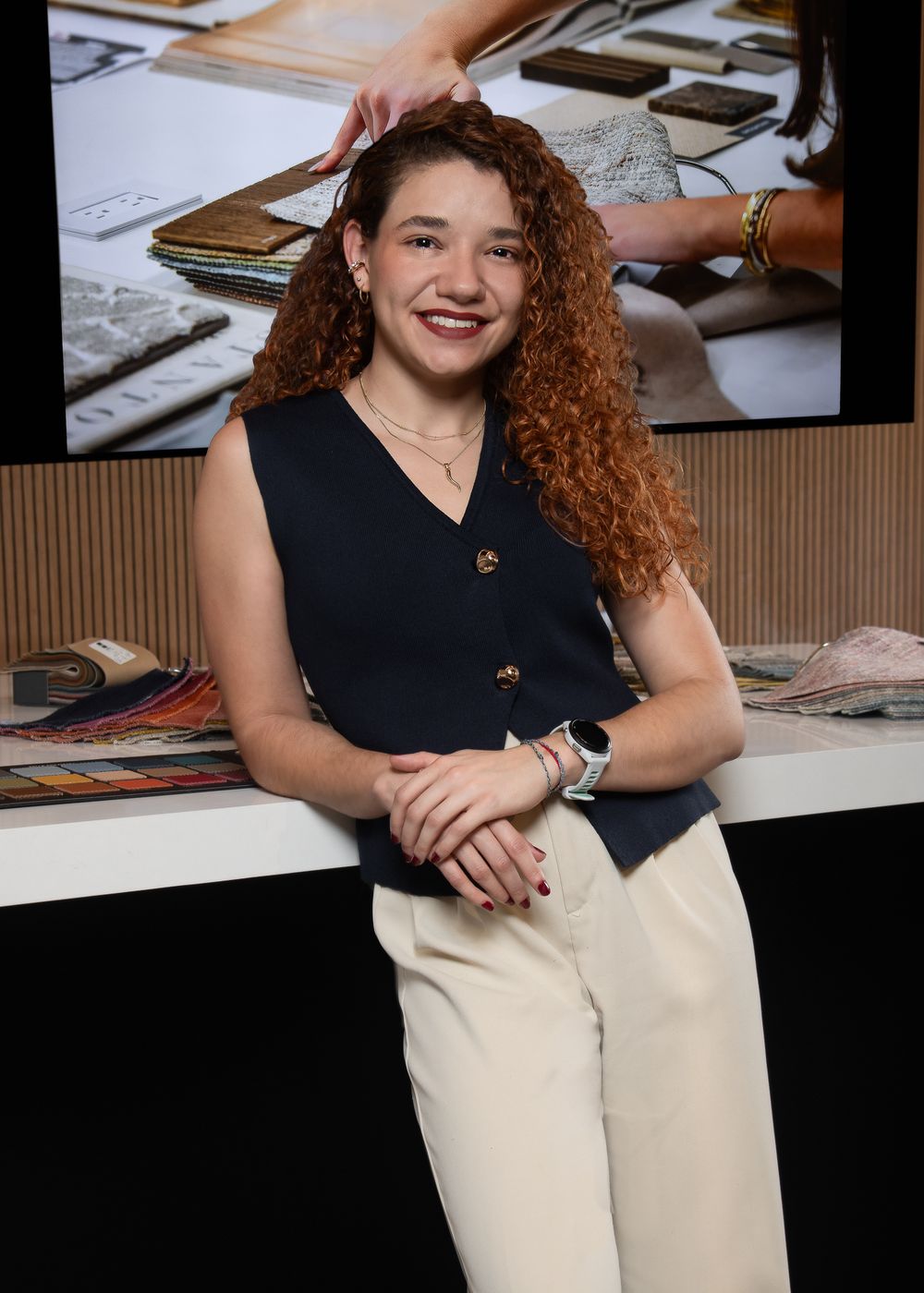 Sklar Furnishings woman leaning on front desk portrait Jeffrey Tholl photography