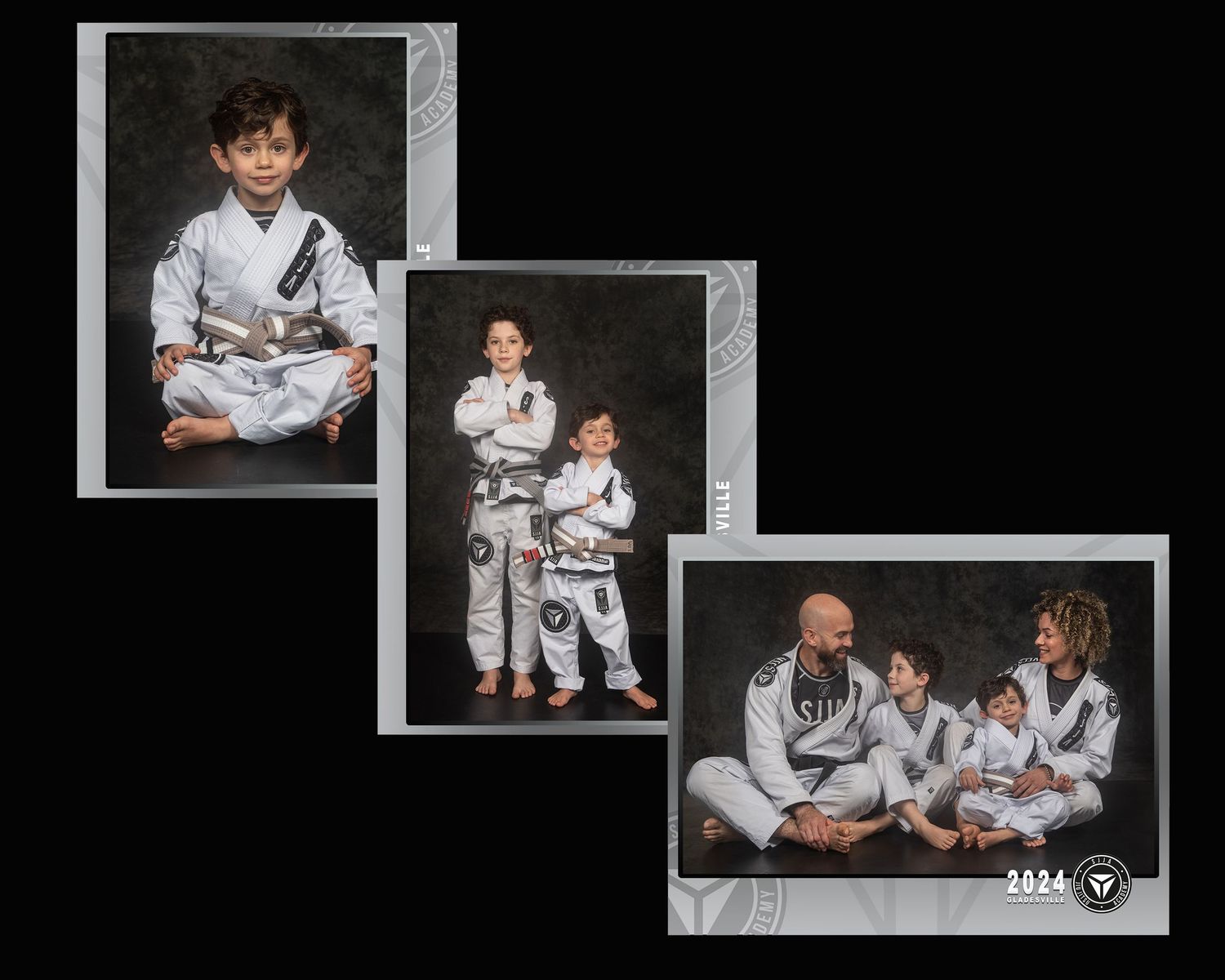 A collection of black and white martial arts family photos arranged in a diagonal layout.